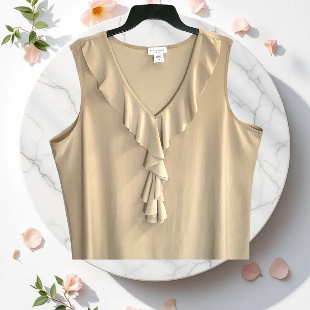 Elan & Grace NWT Tan Sleeveless Blouse w Ruffle Neckline/Front Women 3X - Picture 2 of 6